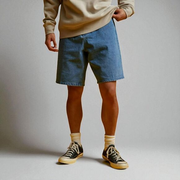 OBEY Bigwig Baggy Denim Shorts 32 Relaxed Fit Blue Cotton Aviator Logo Skate - Picture 1 of 14